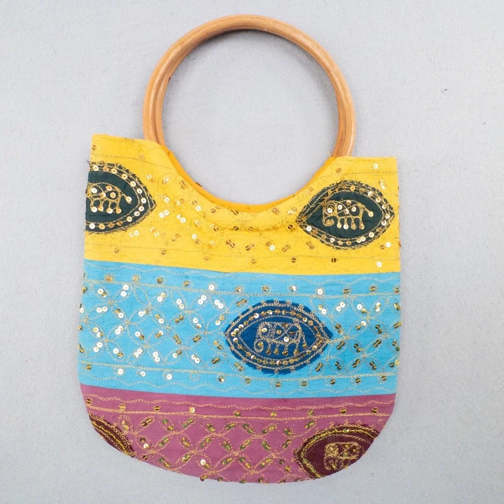 Boho Ethnic Indian Handicraft Sequin Elephant Festival Bag Wooden Handle Tote